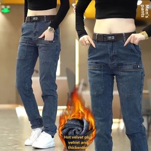 Guangzhou Thirteen Rows Mens Trousers Six-Pocket Stretch Men Fleece Padded Jeans Straight Cargo Multi-Pocket Pants Men