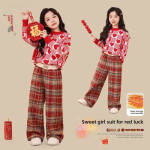 Girls Fleece Lined Wide Leg Pants Winter Wear Childrens Red Zodiac Woolen Plaid Trousers for Big Kids New Years Festive Clothes