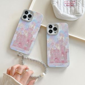 New Electroplated Silver Metal Frame Art Fireworks Castle Pattern Phone Case with Bracelet For iPhone X XS XR 11 12 13 14 15 16 Series