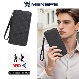 MENSPE Fashion Long Wallet Men Long PU Leather Wallet RFID Blocking Anti-theft Zipper Purse Detachable Wrist Strap Large Capacity Card Holder
