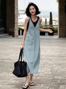 Retro Blue V-Neck Denim Halter Dress Women Loose Slim Straight Vest Long Skirt Korean Style Summer Commute Loose Waist