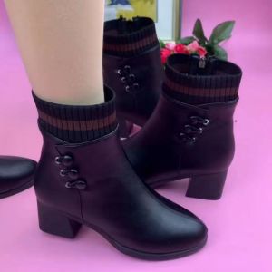 หนัง ผ้าฝ้าย รองเท้าบูท ผู้หญิง ฤดูใบไม้ร่วง ฤดูหนาว รูปแบบใหม่ ผ้าขนแกะ รองเท้าบูทส้นหนามีเส้นแบบสั้นหัวกลม หนาขึ้น หนัง รองเท้าบูท