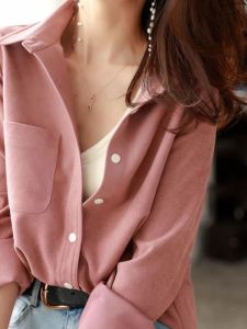 French Style Fancy Pink Brushed Shirt Womens Autumn and Winter Inner Wear Bandage Dress Small Shoulder Drape Chic Shirt