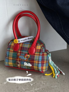 Retro Plaid Girls Shoulder Bag Medium Large Childrens Handbag Crossbody Bag Soft Square Shape Zipper Closure Fashionable Kids Bag