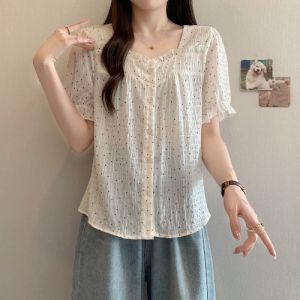 AIYITI | French Dot Square Neck Short Sleeve Loose Fit Womens Shirt