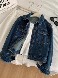 Washed Vintage Denim Jacket Womens Short Loose Casual Spring Autumn Top Commute Style Regular Sleeve Long Polo Collar Single Button
