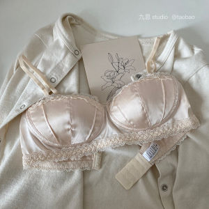 JiuSi Studio Shell Cup Bra French Satin Lace Pure Desire Girls Underwear Wireless Thin Style Cotton Lining Summer Season