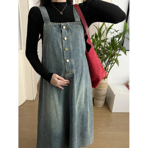 Maternity Denim Bib Dress Set Single Button Retro Washed Loose Midi Length Korean Style round Neck Long Sleeve Dress for Pregnant Women