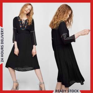 CFBOUTIQUE Woman Euro Inspired Fashion Ladies Bohemia Embroidered Pom Pom 3/4 Sleeve Midi Summer Dress