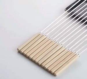 10Pcs Kebab Skewers Flat Long Stainless Steel Needle Wooden Handle Kebab Wide Reusable BBQ Barbecue Shish Kabob Sticks Skewers for Grilling Meat Shrimp Chicken Vegetable 13.77Inch