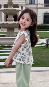 Baby Girl Clothes Set Floral Print Ruffle Sleeveless Blouse Green Wide Leg Pants with Daisy Embroidery Hem 2PCS Summer Casual Outfit for 6 Months-5 Years Old
