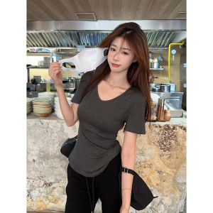 Spicy Girl V-Neck Short Sleeve T-Shirt Womens Stylish Slimming Waist-Cut Shoulder Level Top Korean Style Pure Color Summer New Arrival