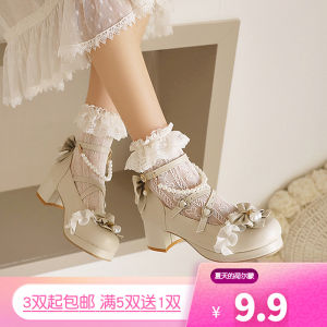 Summer Thin Mary Jane Sandals Socks Womens Glass Silk Stockings Cute Lolita Lace Trim Girls Socks Sweet Style Mid-Calf Nylon