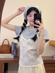 Áo Thun Nữ Tay Ngắn Ren Cổ Tròn Mùa Hè 2025 Áo Thun Cotton Pha Trộn Dáng Rộng Màu Trơn Thiết Kế Hai Mảnh Phong Cách Dễ Thương