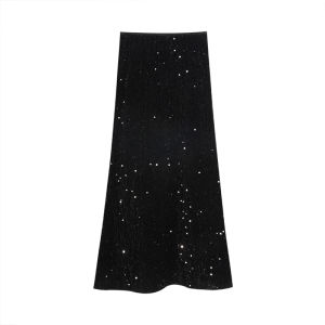 Chen Dayu Sequin A-Line Skirt High Waist Womens Autumn Winter Elegant Slimming Long Black Skirt Commute Korean Style