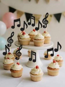 YOMDID 24Pcs Glitter Music Notes Cake Toppers Bamboo Cupcake Toppers Music Theme Cupcake Picks for Rock Concerts Cake Decoration