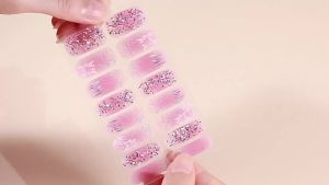 Gradient Glitter French Nail Wraps 3 Sheets 16 Strips 3D Gold Foil Floral Nail Stickers Semi Cured Manicure Nail Decals