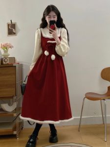 Furry Red Christmas New Years Large Size Womens Dress Korean Style High Waist Long A-Line Skirt Single Piece Winter Dress