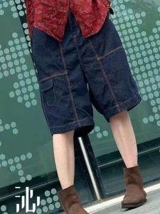 สูง เอว ห้าไตรมาส ลำลอง หลวม กางเกงยีนส์ กางเกงขาสั้น สําหรับผู้หญิง สีน้ําเงิน สไตล์เรโทร ศิลปะ ฤดูร้อน สุภาพสตรีคุณภาพดั้งเดิมใหม่ กางเกง