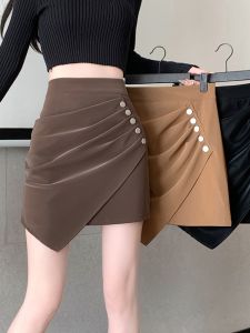 High Waist Asymmetrical Button up Half Skirt Womens Autumn Winter New Folded Matte Velvet a Line Body Short Skirts
