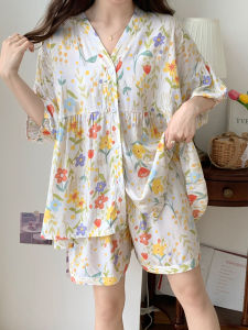 ผ้าฝ้าย ผ้าไหม แขนสั้นสั้น กางเกง ผู้หญิง ชุดนอน ชุดสไตล์ญี่ปุ่นแบบบาง คาร์ดิเกน ฤดูร้อน หลวม น่ารัก ชุดอยู่บ้าน