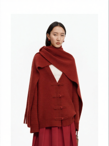 Lantern Red Traditional Design V-Neck Drop Shoulder Wool-Blend Sweater