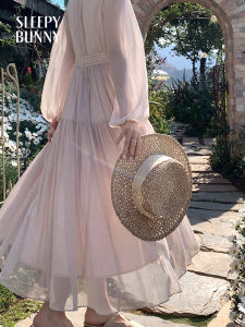 French Style Chiffon Purple Spring Dress Waist Cinching V-Neck Puff Sleeves