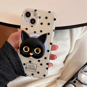 CrashStar MagSafe Fashion Polka Dots Hard Shockproof Phone Case With Cute Cat MagSafe Stand Holder For iPhone 16 15 14 13 12 Pro Max 11 Wireless Charging Phone Casing Cartoon Creative Anti-fall Phone Cover Shell Hot Sale