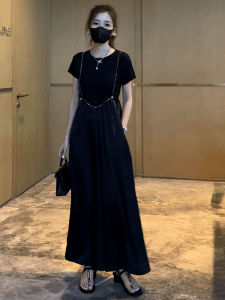 Mùa Hè 2024 Thời Trang Chống Lão Hóa Thoải Mái Quần Yếm Bộ Nữ Cổ Tròn Tay Ngắn Áo Chui Đầu Bộ Hai Mảnh Áo Thun Ống Rộng Quần