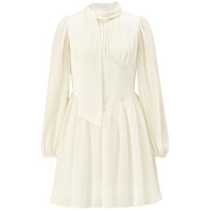 TAMMY TANGS | Elegant Long Sleeve Chiffon Dress Womens High Waist Slimming Skirt Star Same Style Sugar Power Apricot Color Belted Dress