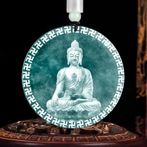 TIMESWIND with Certificate Natural Jade Green Shadow Carved Buddha Round Lucky Pendant for Men