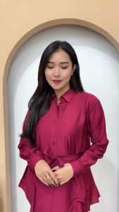 Blouse Wanita Atasan Wanita Tunik Blouse Casual Lengan Panjang Blouse Kerja Wanita Tunik Wanita Simple Elegan Blouse Hijau Olive