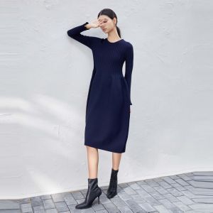 SDEER | Sdeer Autumn Winter Long Knitted Dress Round Neck Texture Ribbed Design Polyester Fiber Office Style Mid-Length OL Fashion