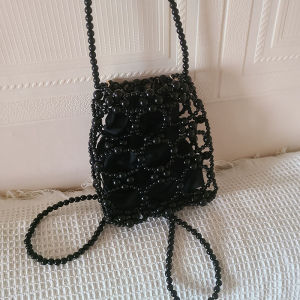 Handmade DIY Pearl Material Hollow Beaded Crossbody Bag Sweet Casual Woven Retro Mobile Phone Bag Soft Fabric Lining Detachable Shoulder Strap