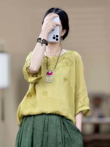 Elegant Embroidered Linen Shirt Womens Summer New Style Side Button Chinese Tea Costume Top Heavy Embroidery Work Loose Fit