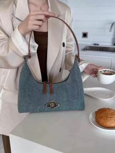 Retro Denim Shoulder Bag Womens Commuter Handbag British Style Medium Size Canvas Pure Color Moon Shape Zipper Closure
