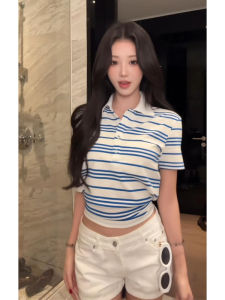 YUEZHONGWEI | Slim Fit American Style Shoulder Blue Striped Collared Short Sleeve T-Shirt Women Summer New Arrival Polo Shirt Top