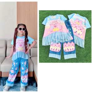 12-45kg bộ tay ngắn quần dài bé gái mẫu áo babydoll xoè phối voan quần dài ống rộng