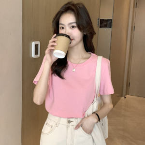 เสื้อยืดคอกลมแขนสั้นผ้าฝ้ายแท้สไตล์เกาหลีสีชมพู ทรงเข้ารูป ทรงหลวม ฤดูใบไม้ผลิและฤดูร้อน แฟชั่นสำหรับผู้หญิง