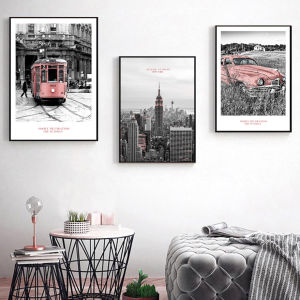 Scandinavian Simple Black and White Scenic Building Vintage Car Hanging Paintings