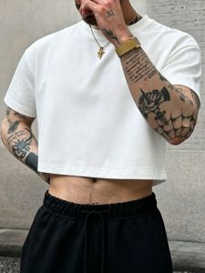 S-3XL New Solid Short Sleeve Mens Black White Crop Top Casual Loose T-Shirt Street Sport Tops Summer Cotton Trendy Clothing