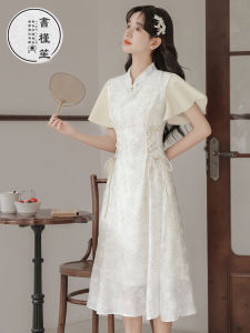 New Style Sweet Young Chinese Traditional Cheongsam Dress round Collar Short Sleeve Midi Length Daily Wear Polyester Fabric