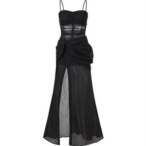 ชุดเดรสยาวสายเดี่ยวเซ็กซี่สไตล์ฝรั่งเศส ผ้าตาข่าย ชุดราตรี งานปาร์ตี้วันเกิด ฤดูใบไม้ร่วง/ฤดูหนาว กระโปรงทรงเอ เดรสยาว