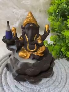 พระพิฆเนศ เชิงกำยานทรงเครื่องทอง ประทับดอกบัว ปางประทานพร พร้อมธูปหอมกำยาน เชิงกำยานควันน้ำตก, แถมกำยาน20ดอก