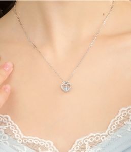ZHOU LIU FU 周六福 S925 Sterling Silver Necklace White Cubic Zircons Classic Heart Necklace for Women Girl 40+5CM J0616158