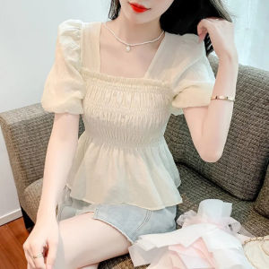 2024 Summer New Arrival French Sweet Square Collar Puff Short Sleeve Waist-Tight Chiffon Shirt Womens Belly Covering Baby Shirt Top