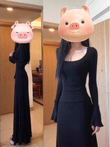 ชุดเดรสยาวแขนยาวสีดำสุดหรูหรา ชุดเดรสยาวทรงเอเอวสูง แขนยาว คอตั้ง สีพื้น ทรงเข้ารูป แฟชั่นฤดูใบไม้ร่วงสำหรับผู้หญิง