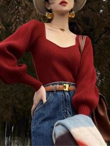 HUOLISI | Vintage Design Red Sweater Slim Fit