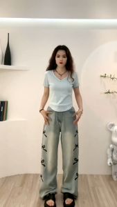 Baggy Embroidery Jeans for Women Wide Leg Pants Plain High Waist Denim Pants