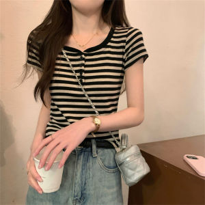 Áo Thun Nữ Tay Ngắn Kẻ Sọc Cạp Cao Ôm Vừa Vặn Mùa Hè 2025 Áo Thun Tay Ngắn Cổ Tròn in Họa Tiết Thời Trang Thường Ngày